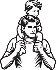Father holding his happy child on his shoulders. Happy father day Symbol. Vector illustration of daddy and child. Father with his son on white background.