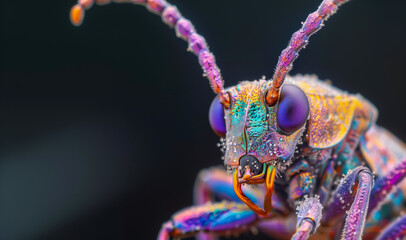 Fototapeta premium Colorful Exotic Fly Close Up, Extreme Sharp Detailed Macro. Animal, Insect, Bug. Biodiversity, Evolution, Future Biology, Bio Engineering New Species. Ecology, Climate Change. Nature,Tropical Wildlife