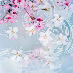Flowers float in blue water
