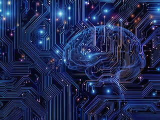 Revolutionizing AI with an image of a digital human brain linked to an electronic board, symbolizing advanced artificial intelligence and data center connectivity. Showcases the power.