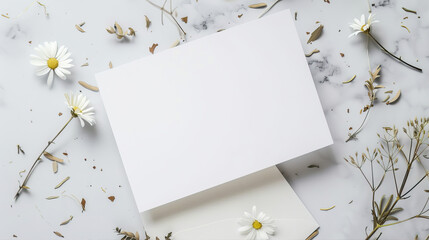 White sheet of paper on marble background with flowers
