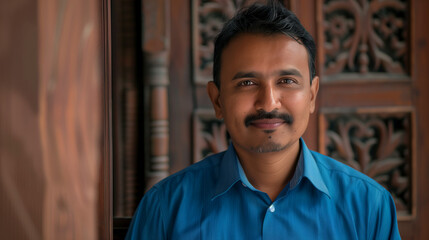 a young man with a mustache and brown eyes looks at the camera with a smile, a wooden door behind him