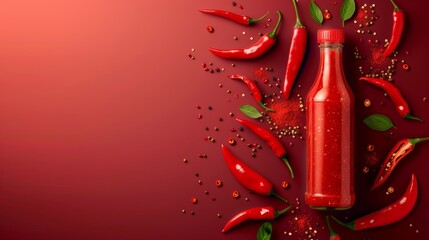 Red spicy chili sauce ketchup or tabasco on a red background with ripe hot peppers and copy space.