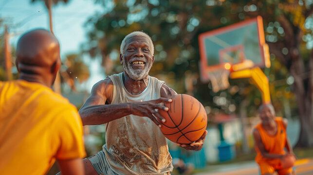 A happy man plays basketball with his friends after work