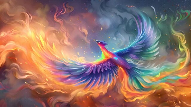 Colorful painting of a majestic phoenix rising from flames