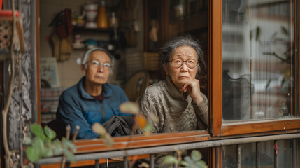 Obraz premium An old married couple is sitting in their house and looking at the camera