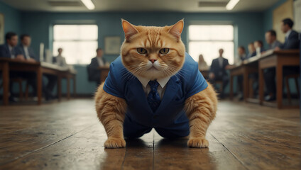 A ginger cat is wearing a suit and tie and is standing on its front paws in a classroom full of students.

