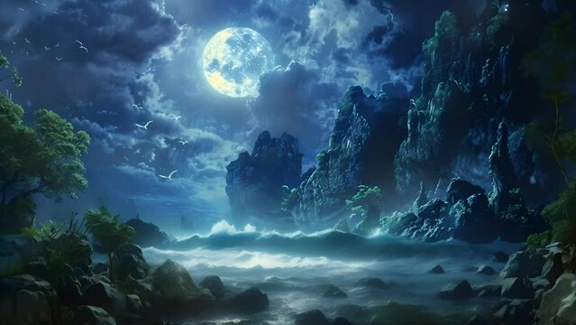 Fantasy cove bathed in moonlight with ethereal mist, hinting at hidden treasures in a serene, magical seascape