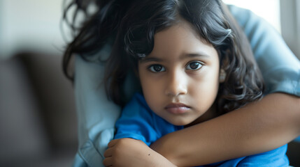 Fototapeta premium A little girl with brown eyes stands in the arms of her mother in a blue T-shirt