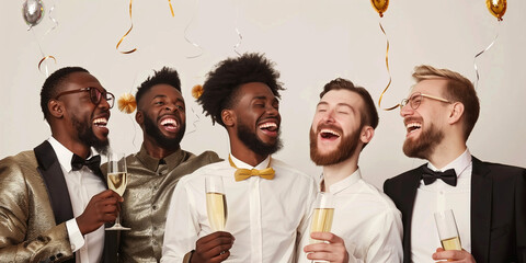 5 Männer feiern junggesellenabschied vor weißem Hintergrund.