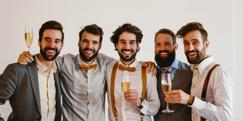 5 Männer feiern junggesellenabschied vor weißem Hintergrund.