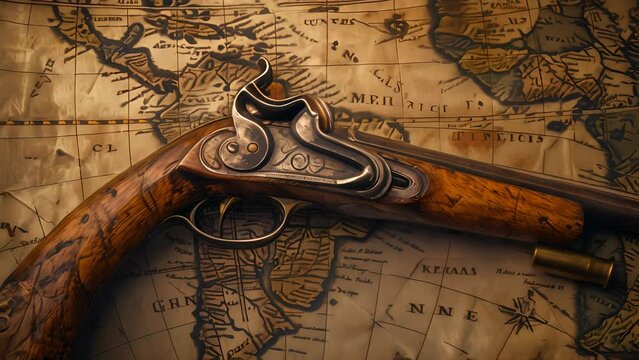 A vintage flintlock pistol lies on an ancient map, evoking tales of piracy and adventure, ready for a historical thriller book cover.