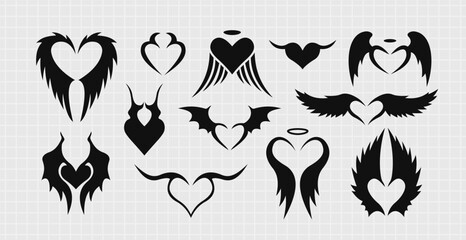 Tribal hears set. Vector illustration. Y2k design. Angel and demon.