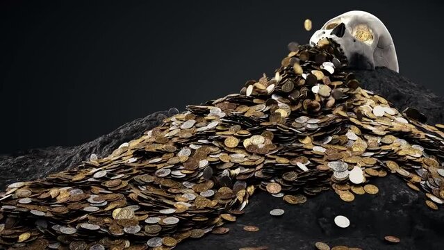 3D-animation. gold coins pour out of the pirate's skull