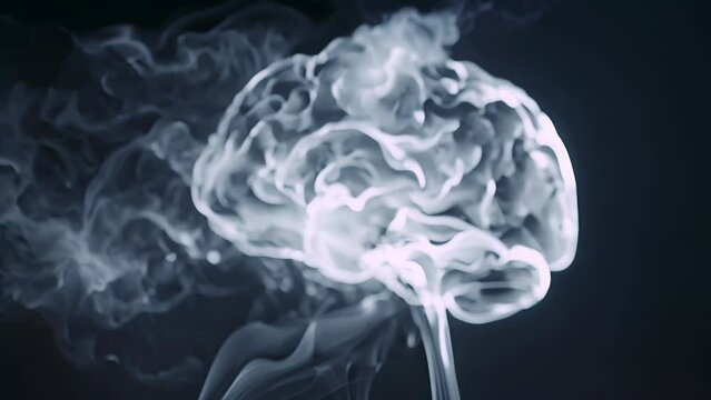 A brain is shown in a black and white photo with smoke surrounding it. The brain appears to be in a state of confusion or disarray, as if it is being affected by the smoke. Scene is somewhat eerie