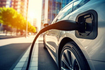 Electric car charging at a public charging station, with a focus on sustainable automotive technology