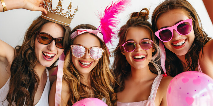 Junge Frauen feiern junggesellinnenabschied vor wei&szlig;em Hintergrund.