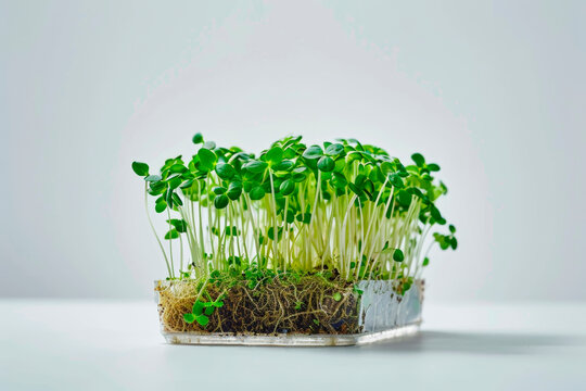Green sprouts of wheatgrass and garden cress are growing in a glass container. A variety of houseplants such as garden cress, wheatgrass, and grass are sprouting in a glass container.