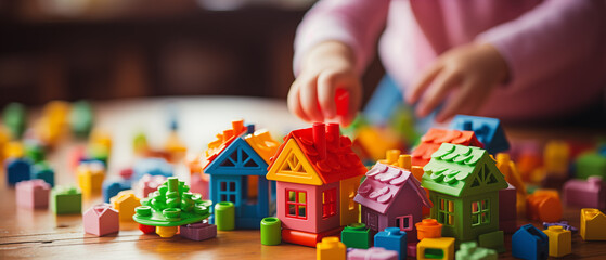 Vibrant Toy Block Houses Constructed by Child