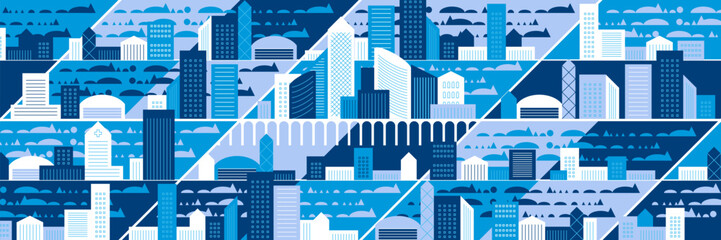 Cityscape panorama. Megapolis city view. Smart city. Urban landscape with many building. Collection of houses, skyscrapers, buildings, supermarkets with streets and traffic. Vector illustration