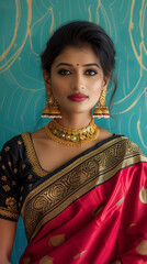a young beautiful woman in the national dress of India looks at the camera in beautiful jewelry