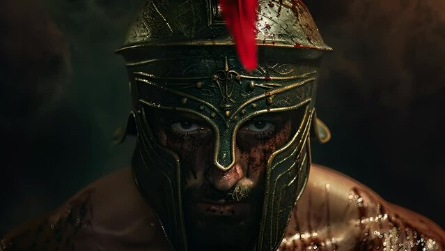 Intense gaze of an ancient warrior, helm adorned with a red crest, showing resolve and readiness for battle against a dark, brooding background