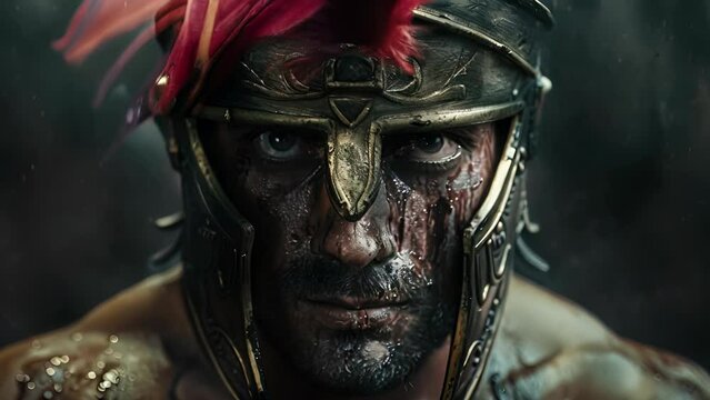 A man in a Roman helmet with red feathers on his head. He is wearing a bloodstained shirt and has a look of determination on his face