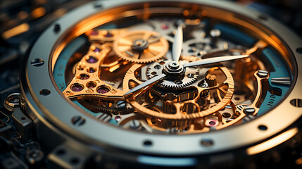 mechanical watch, inside mechanical structure, full details, top-down view, horizontal, high contrast