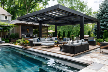 A luxurious outdoor garden with a teak hardwood deck and a black pergola, featuring a pool and lounge furniture ideal for relaxation and socializing.