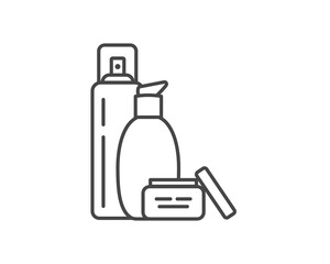 Vector set of beauty, cosmetics and care icons. Bottle, jar, shower gel, face cream, body lotion, spray, ointment, paste.