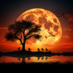 silhouette of birds with a lone tree in the background big full moon at amazing sunset elements, of this image furnished,generate ai
 - obrazy, fototapety, plakaty