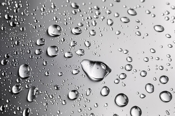 Various water droplets on a dark gray surface with light reflections