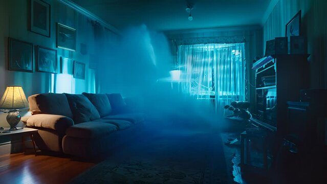 Eerie scene with levitating objects in a room, suggesting poltergeist activity, under the watchful eye of a frightened family