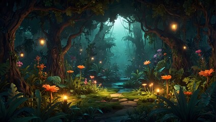 An enchanted cartoon jungle with glowing plants and mystical creatures ai_generated