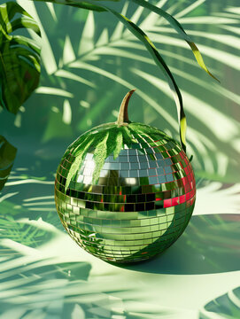 shiny watermelon made of disco ball material, pastel gree background with tropical leaves, simple composition, mirror texture, soft lighting, reflection , summer party concept