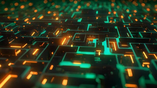 Complex maze of illuminated tech circuits, symbolizing intricate data processing challenges