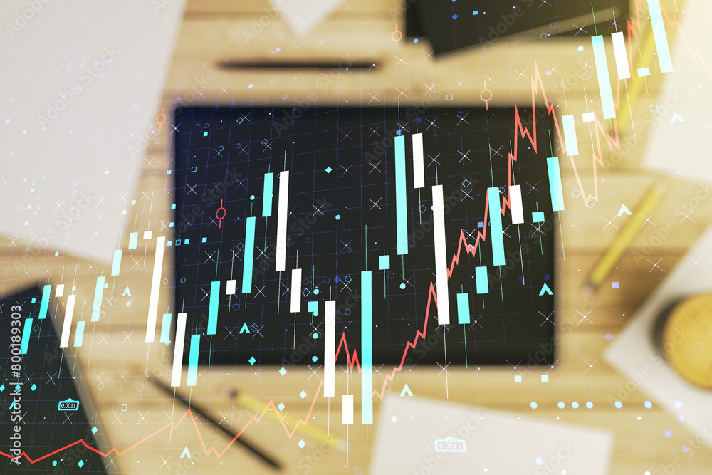 Poster abstract creative financial graph and modern digital tablet on desktop on background, top view, fina
