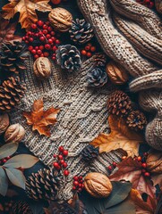 A cozy scarf made of thick yarn. Next to it are pine cones, walnuts, and red berries - obrazy, fototapety, plakaty