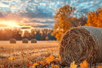 A field of hay bales in the fall - obrazy, fototapety, plakaty
