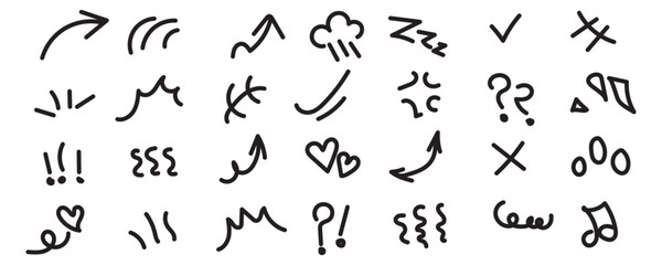 Obraz premium Sketch line arrow element, star, heart shape. Hand drawn doodle sketch style circle, cloud speech bubble grunge element set. Arrow, star, heart brush decoration. Vector illustration