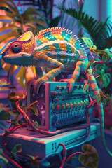 Mischievous Chameleon on Modern Computer Whimsical 3D Nature Meets Tech Art - obrazy, fototapety, plakaty