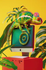 Mischievous Chameleon Curious Gaze on Sleek Tech Whimsical 3D Illustration - obrazy, fototapety, plakaty