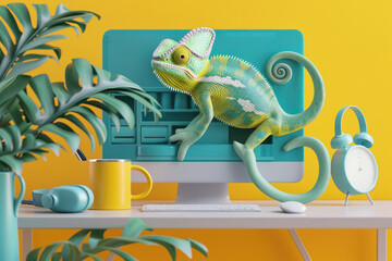 Delightful Chameleon Computer Design Whimsical 3D Art, Nature Tech Fusion - obrazy, fototapety, plakaty