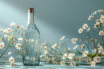 A close up of a classic glass bottle placed on the table against a decoration background shot in a studio.