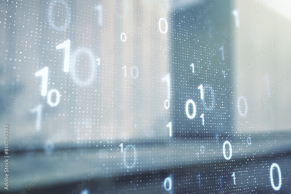 Leinwandbilder double exposure of abstract virtual binary code hologram on modern business center exterior backgrou