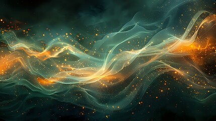 Emerald Elegance: Abstract Digital Art with Fluid Waves and Golden Glow - obrazy, fototapety, plakaty