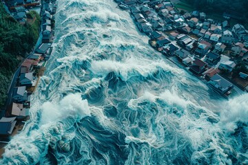 Aerial view of a monstrous tidal wave cresting over coastal homes, Concept of tsunami and environmental catastrophes