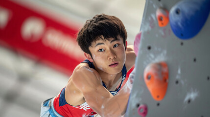 Focused athlete climbing a wall with determination.