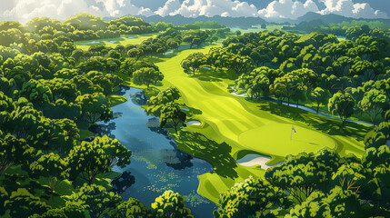 comic style aerial  view of a golf course and luxury golf resort, golf, golfing, summer time