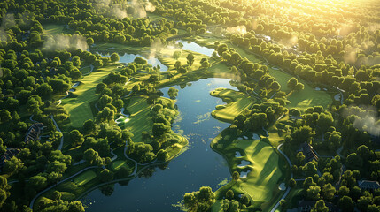 comic style aerial  view of a golf course and luxury golf resort, golf, golfing, summer time